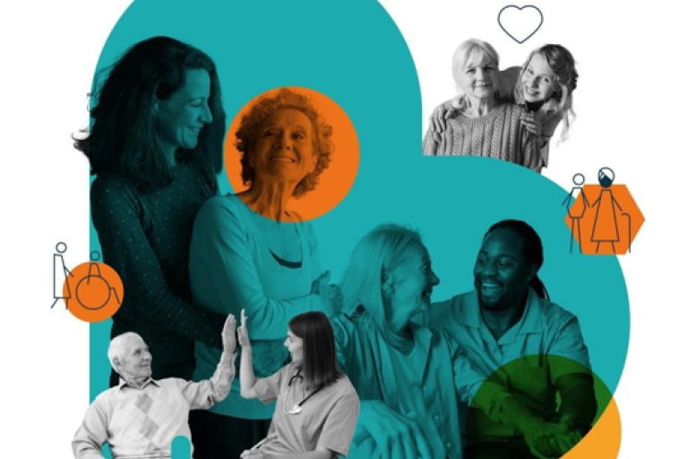 Various people smiling over a large heart graphic